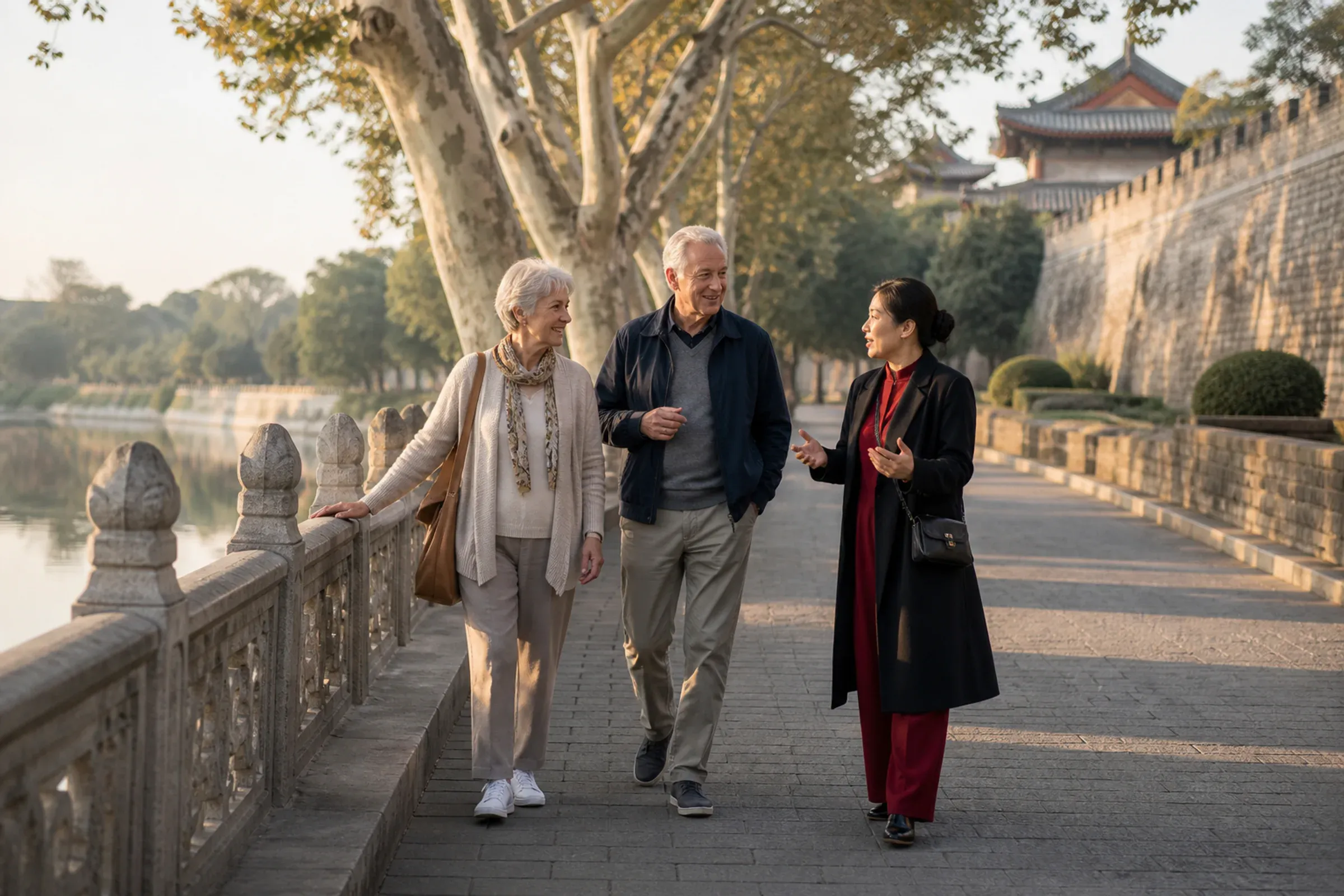Older travelers enjoying a gently paced lakeside walk in Nanjing
