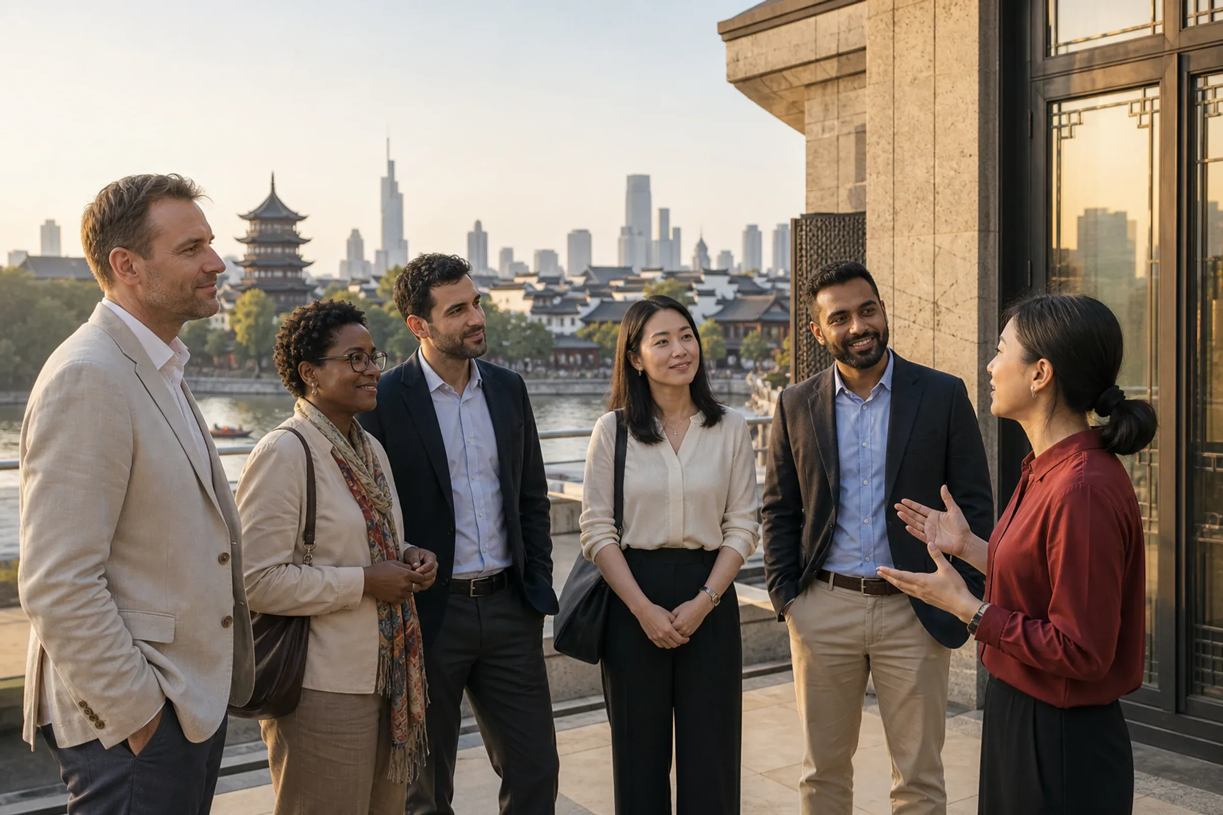Business travelers gathering with a local host on a Nanjing terrace