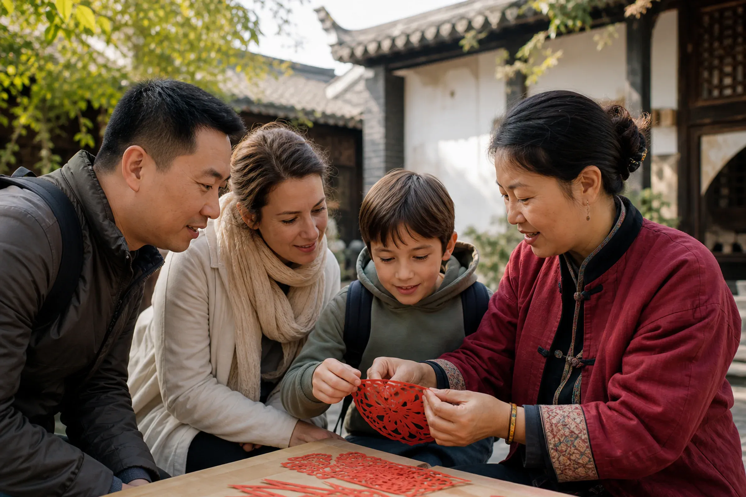 A family joining a cultural craft activity in a Nanjing courtyard