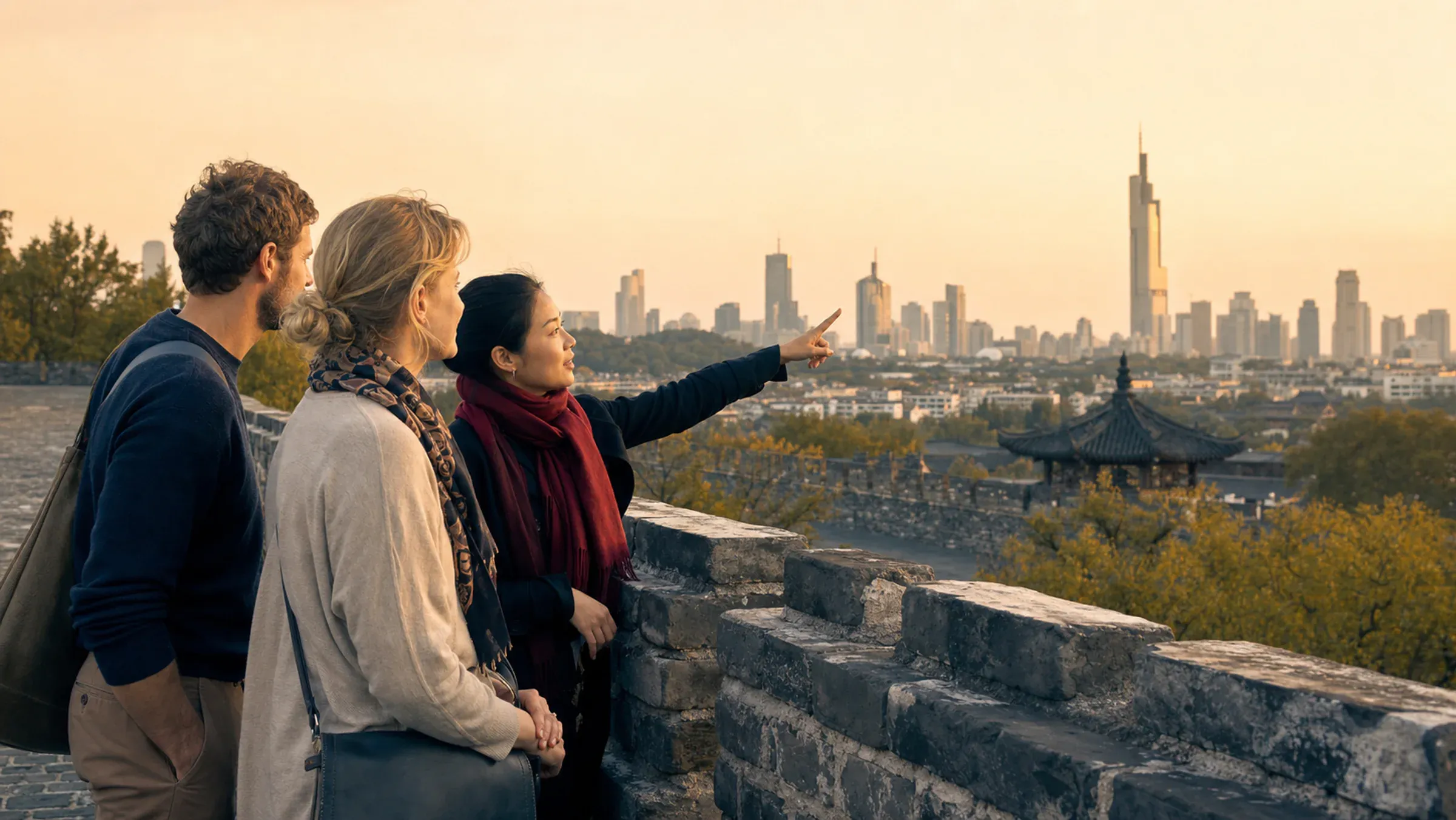 Travelers and a local guide looking across Nanjing at golden hour